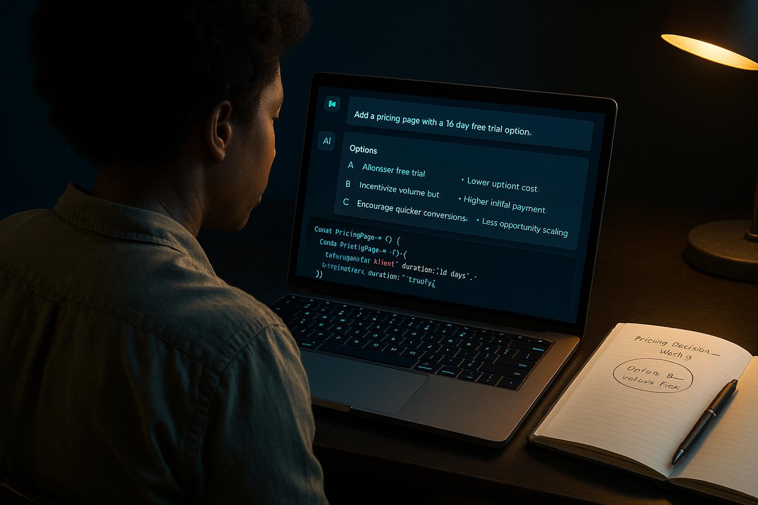Over-the-shoulder view of an AI coding session — chat interface showing structured AI options with a decision notebook