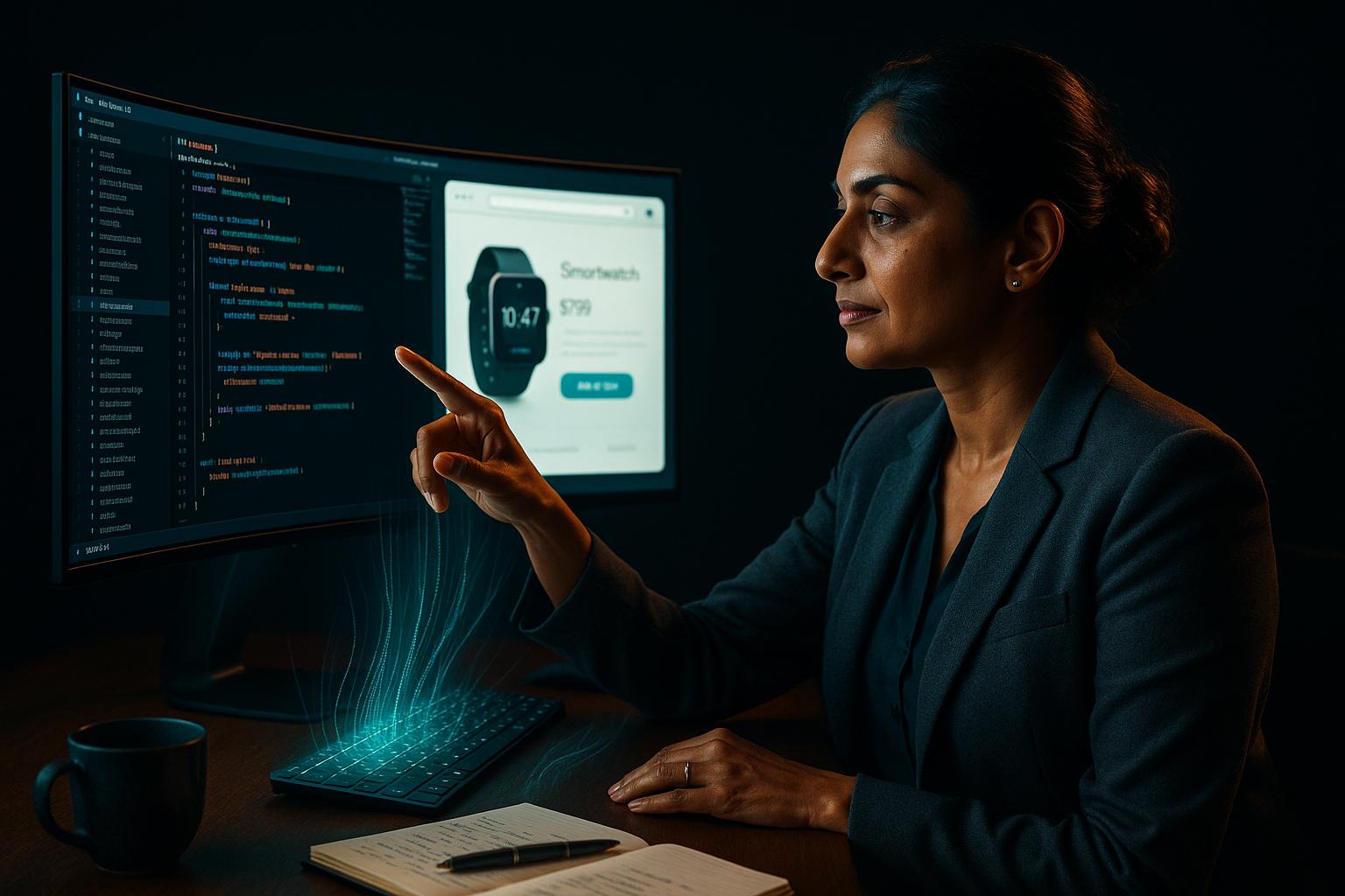 South Asian woman directing AI agents on her monitor — code streams rising as she points at the screen