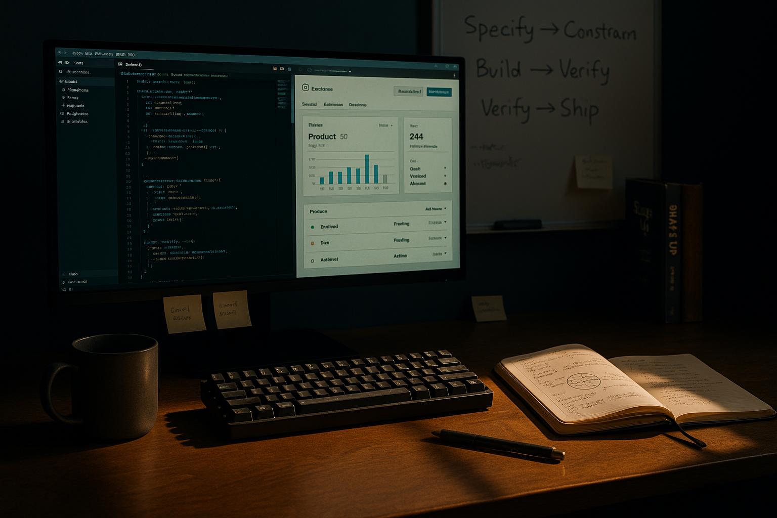 Instructor's workspace — monitor showing real product work, whiteboard with the meta-learning loop, builder's desk