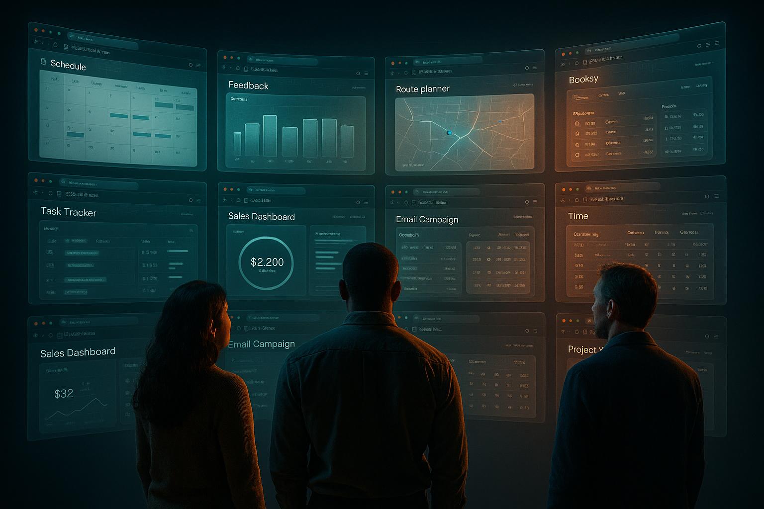 Three builders looking up at a wall of glowing product interfaces — real software built by Rychee students